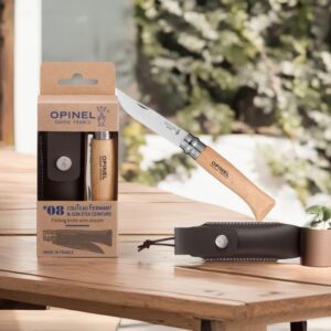 coffret Opinel avec couteau n°8 en inox avec son étui, cadeau pour les hommes amateurs de plein air et les passionnés de qualité artisanale.