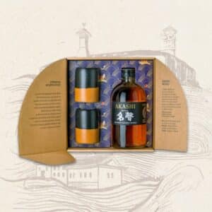 Coffret whisky japonais Akashi Meïsei, comprenant une bouteille de whisky et deux cups japonaises traditionnelles. cadeau pour les amateurs de whisky et de culture japonaise